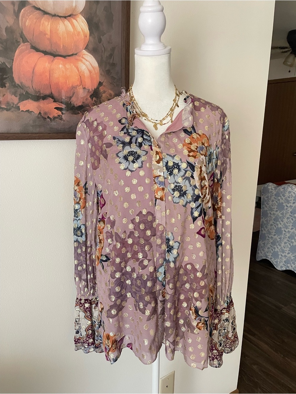 Kobi Halperin Ali Floral Metallic Polka Dot Bell Sleeve Blouse Top Large